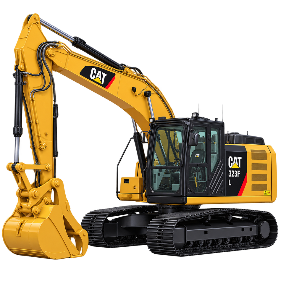 Yellow Caterpillar 323F L excavator with black tracks, yellow boom and arm, yellow bucket, enclosed cab, and yellow engine housing on a transparent background.