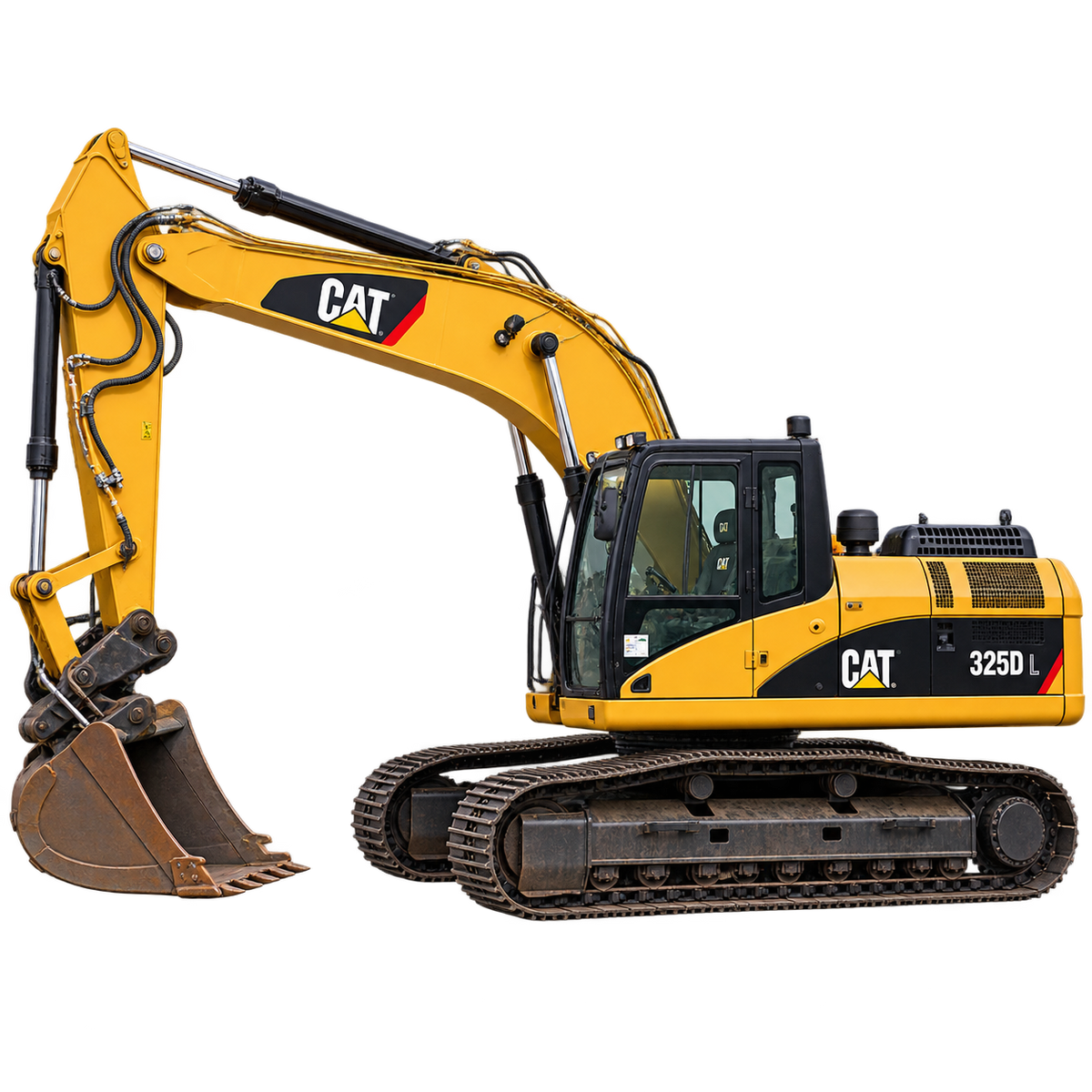 Yellow Caterpillar 325D L excavator with black tracks, brown bucket, and black cab on a transparent background.