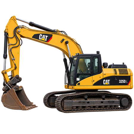 Yellow Caterpillar 325D L excavator with black tracks, brown bucket, and black cab on a transparent background.