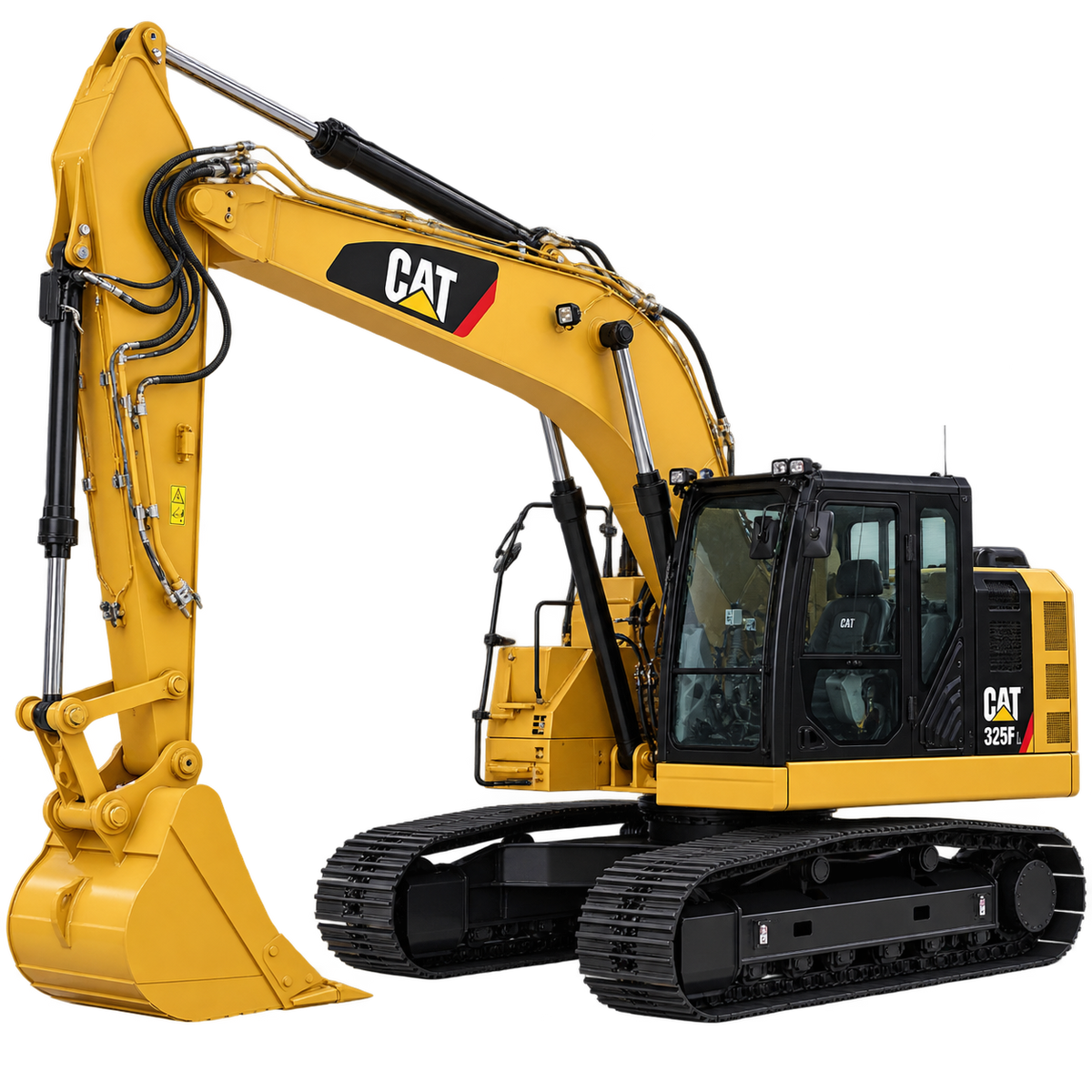 Yellow Caterpillar 325F L excavator with black tracks, yellow bucket, and black cab on a transparent background.