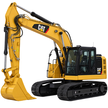 Yellow Caterpillar 325F L excavator with black tracks, yellow bucket, and black cab on a transparent background.