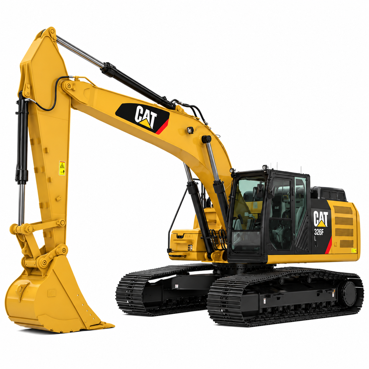 Yellow Caterpillar 326F L excavator with black tracks, yellow boom and arm, yellow bucket, enclosed cab, and yellow engine housing on a white background.