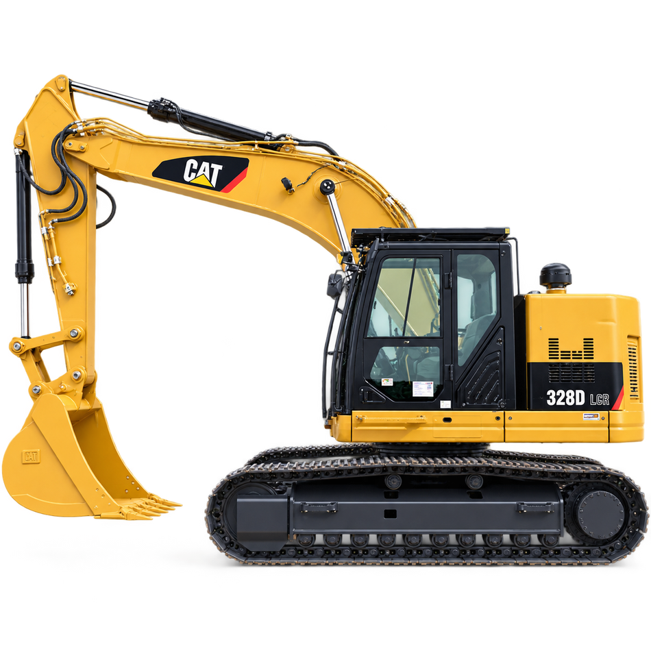 Yellow Caterpillar 328D LCR excavator with black tracks, enclosed cab, yellow boom and arm, and yellow bucket on a transparent background.