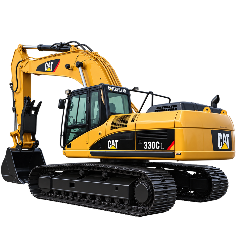 Yellow Caterpillar 330CL excavator with black tracks, enclosed cab, black bucket, and rear counterweight on a transparent background.