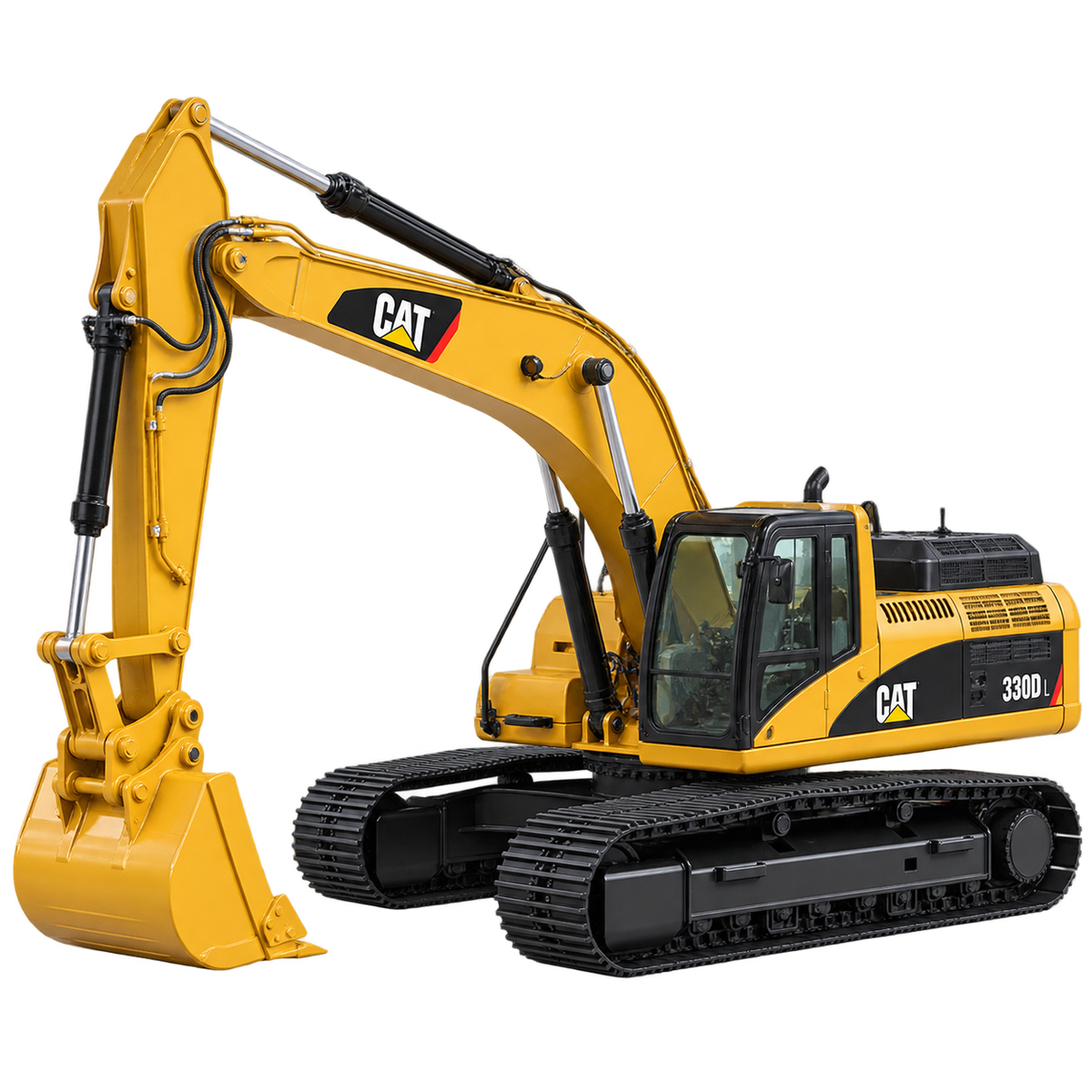 Yellow Caterpillar 330D L excavator with black tracks, yellow boom and arm, yellow bucket, enclosed cab, and yellow engine housing on a transparent background.