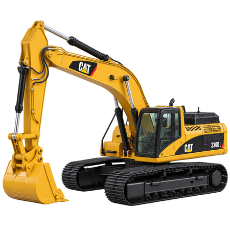 Yellow Caterpillar 330D L excavator with black tracks, yellow boom and arm, yellow bucket, enclosed cab, and yellow engine housing on a transparent background.