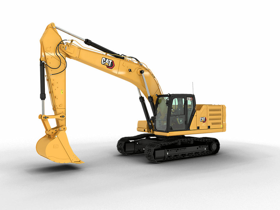 Yellow Caterpillar 330 GC hydraulic excavator with yellow bucket, black cab, and black tracks on a white background