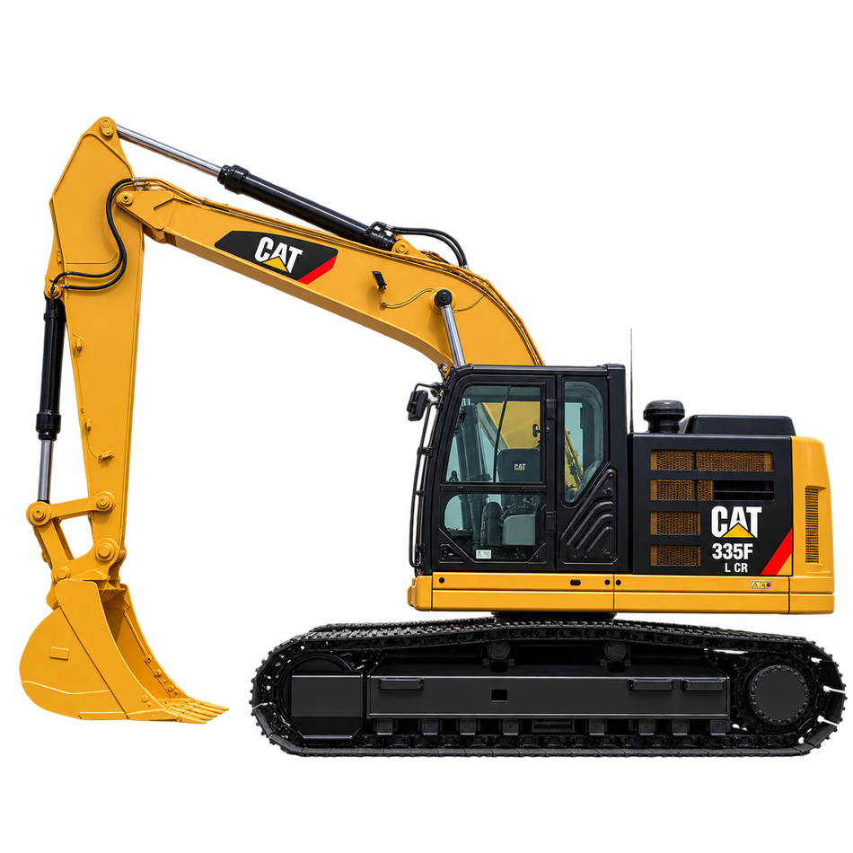 Yellow Caterpillar 335F LCR excavator with black tracks, yellow boom and arm, yellow bucket, enclosed cab, and black engine housing on a transparent background.