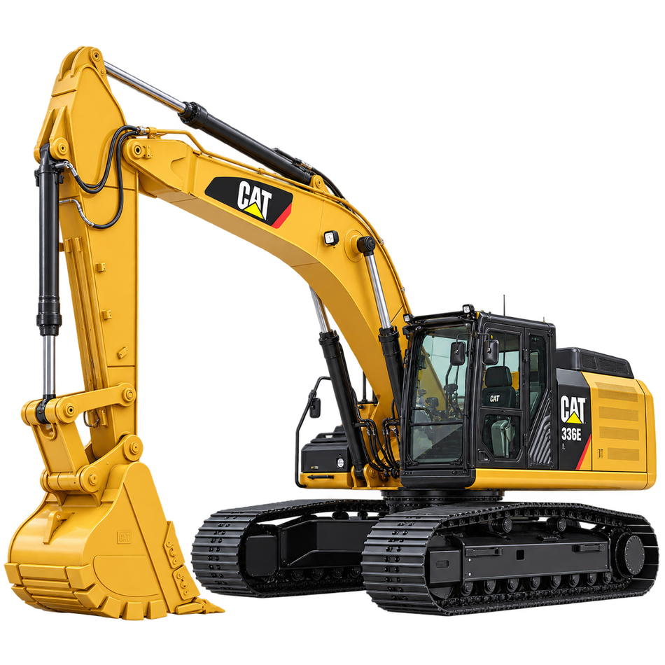 Yellow Caterpillar 336E L excavator with black tracks, yellow bucket, enclosed cab, and black engine housing on a transparent background.