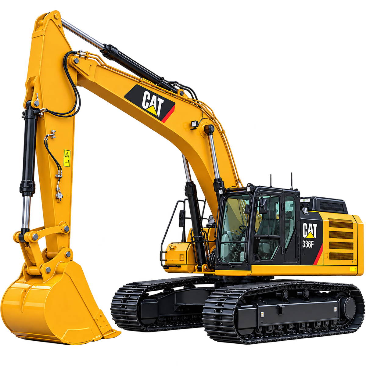 Yellow Caterpillar 336F L hydraulic excavator with yellow bucket, black cab, and black tracks on a white background
