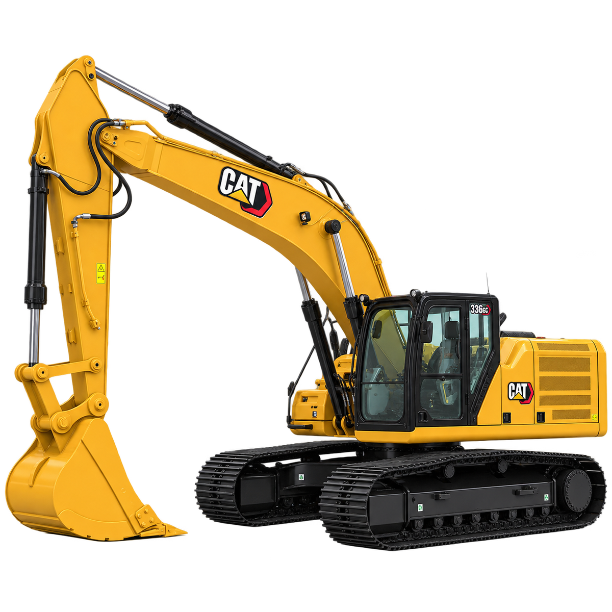Yellow Caterpillar 336 GC hydraulic excavator with yellow bucket, black cab, and black tracks on a white background