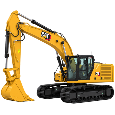 Yellow Caterpillar 336 GC hydraulic excavator with yellow bucket, black cab, and black tracks on a white background
