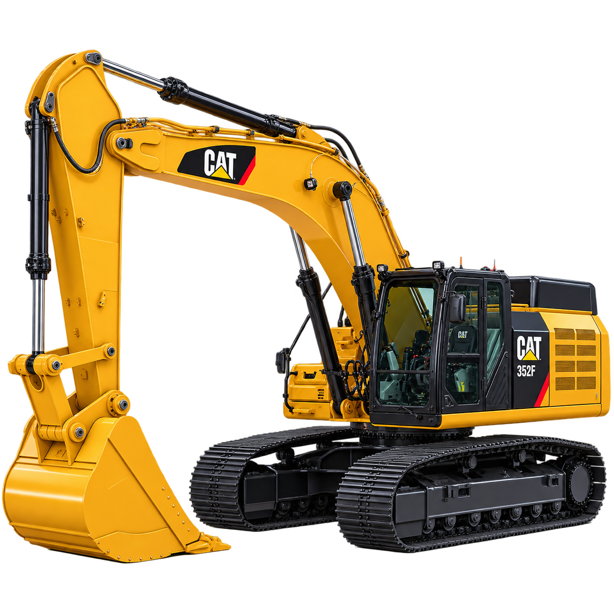 Yellow Caterpillar 352F excavator with black tracks, enclosed cab, yellow boom and arm, and yellow bucket on a transparent background.