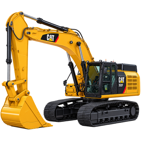 Yellow Caterpillar 352F excavator with black tracks, enclosed cab, yellow boom and arm, and yellow bucket on a transparent background.