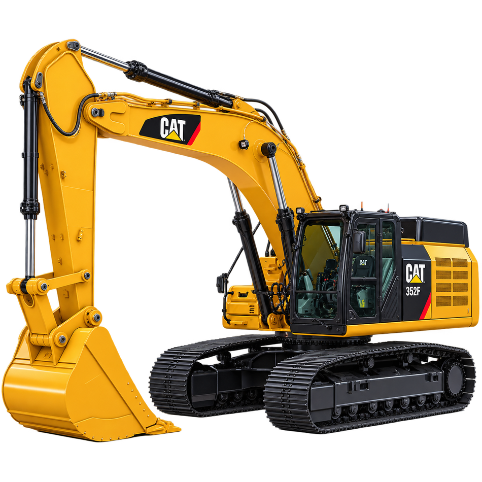 Yellow Caterpillar 352F excavator with black tracks, enclosed cab, yellow boom and arm, and yellow bucket on a transparent background.