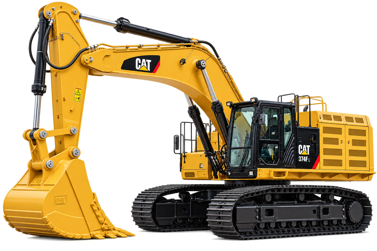 Yellow Caterpillar 374F L excavator with black tracks, enclosed cab, yellow boom and arm, and yellow bucket on a transparent background.