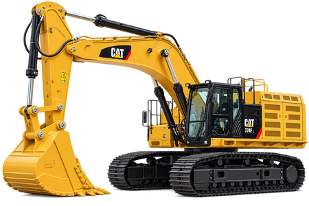 Yellow Caterpillar 374F L excavator with black tracks, enclosed cab, yellow boom and arm, and yellow bucket on a transparent background.