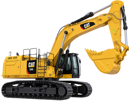 Yellow Caterpillar 374F L excavator with black tracks, enclosed cab, yellow boom and arm, and yellow bucket on a transparent background.