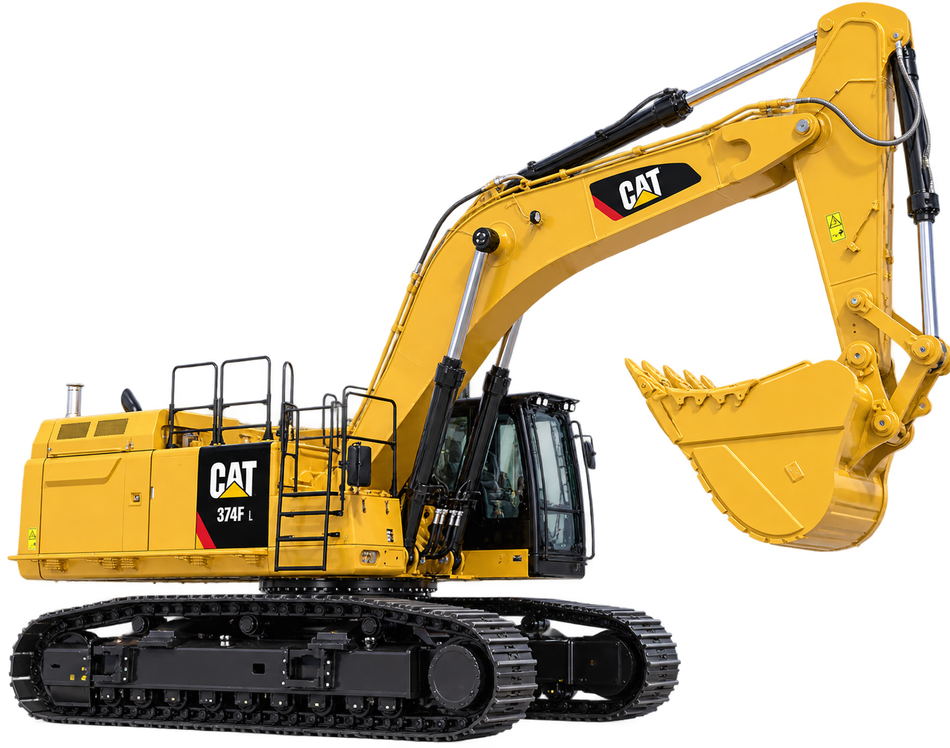 Yellow Caterpillar 374F L excavator with black tracks, enclosed cab, yellow boom and arm, and yellow bucket on a transparent background.