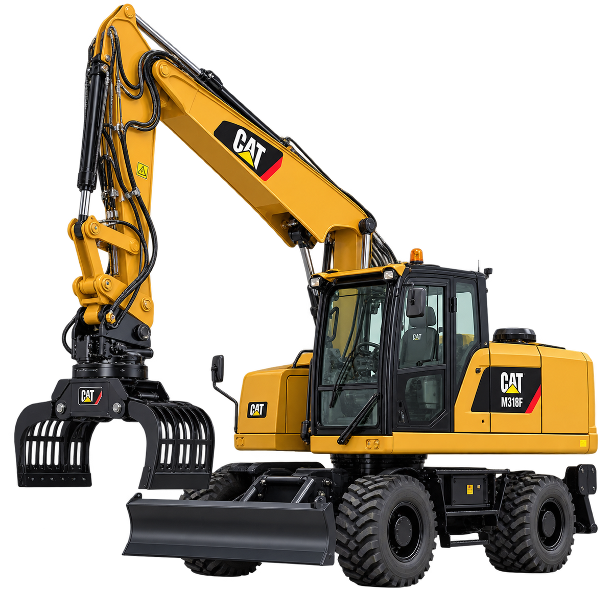 Yellow Caterpillar M318F wheeled excavator with black tires, black grapple attachment, and black cab on a transparent background.