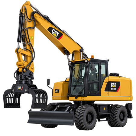 Yellow Caterpillar M318F wheeled excavator with black tires, black grapple attachment, and black cab on a transparent background.