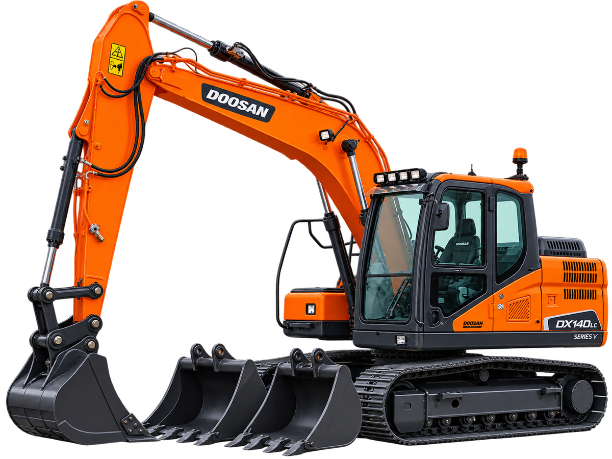 Orange Doosan DX140LC-5 excavator with black tracks, black bucket, black cab, and multiple buckets on a transparent background.