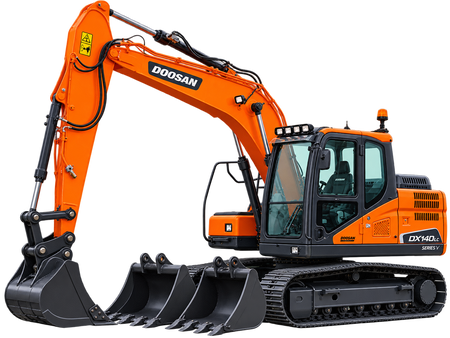 Orange Doosan DX140LC-5 excavator with black tracks, black bucket, black cab, and multiple buckets on a transparent background.