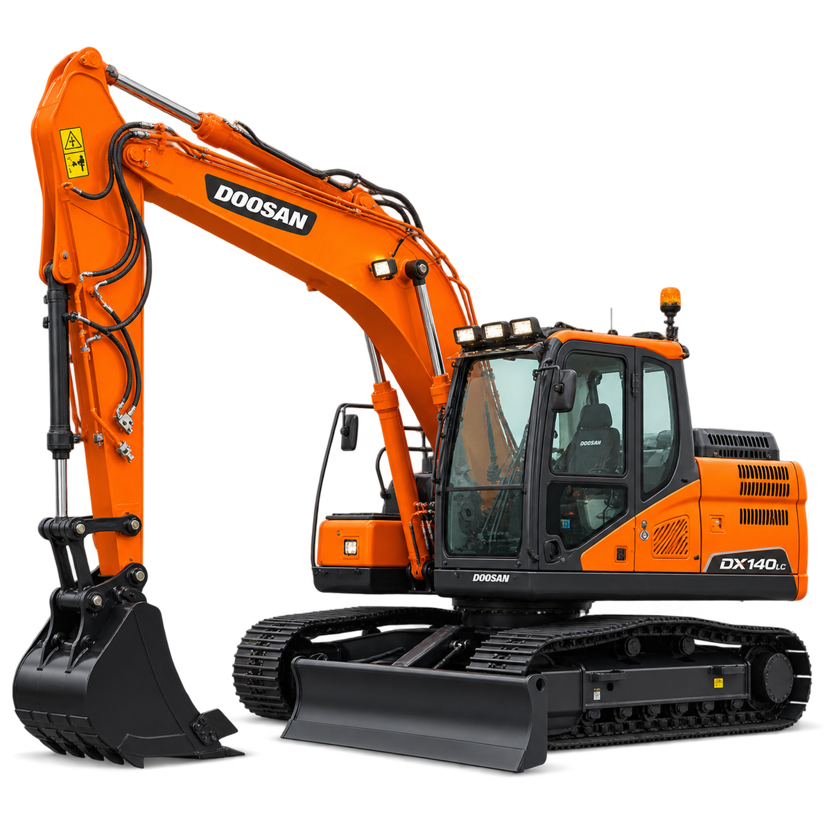 Orange Doosan DX140LC excavator with black tracks, black bucket, black cab, and front blade on a transparent background.