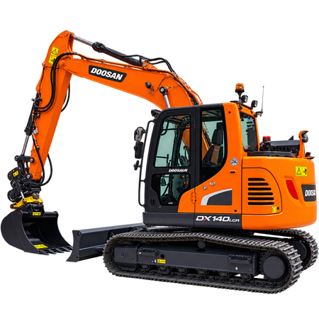 Orange Doosan DX140 LCR-5 excavator with black tracks, enclosed cab, orange boom and arm, black bucket, and front dozer blade on a transparent background.