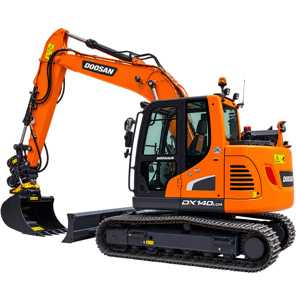 Orange Doosan DX140 LCR-5 excavator with black tracks, enclosed cab, orange boom and arm, black bucket, and front dozer blade on a transparent background.