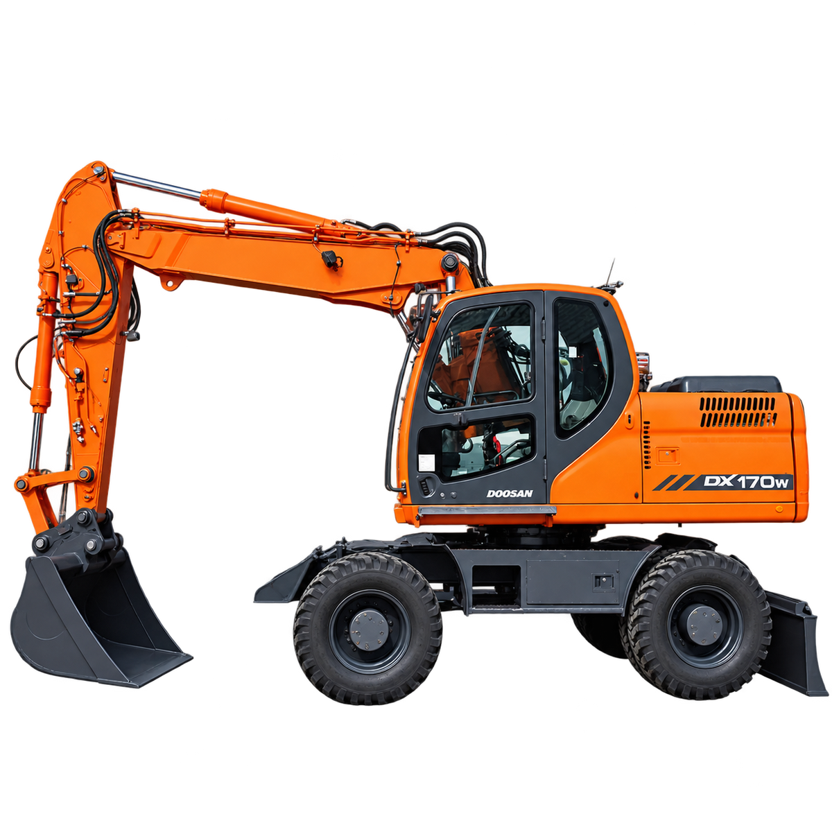 Orange Doosan DX170W wheeled excavator with black rubber tires, enclosed cab, black digging bucket, hydraulic boom, and dark gray wheeled undercarriage on a transparent background.