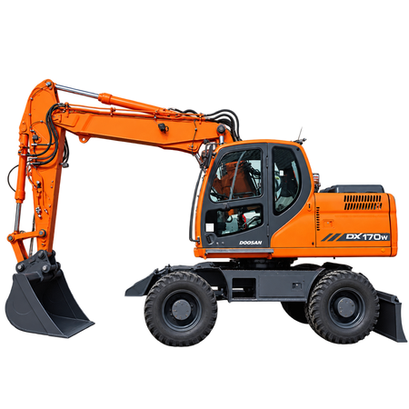 Orange Doosan DX170W wheeled excavator with black rubber tires, enclosed cab, black digging bucket, hydraulic boom, and dark gray wheeled undercarriage on a transparent background.
