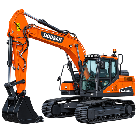 Orange Doosan DX180 LC-5 excavator with black tracks, black bucket, black cab on a transparent background.