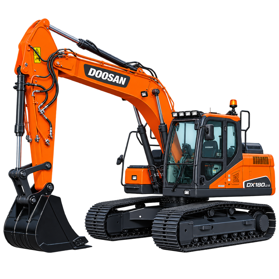 Orange Doosan DX180 LC-5 excavator with black tracks, black bucket, black cab on a transparent background.