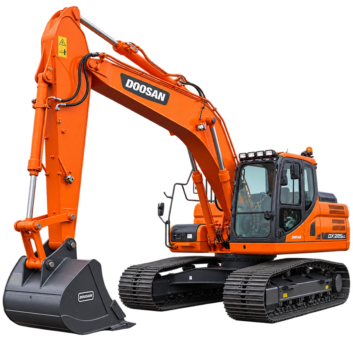 Orange Doosan DX225LC-3 excavator with black steel tracks, enclosed cab, hydraulic boom, large black digging bucket, and rear engine compartment on a transparent background.