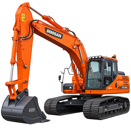 Orange Doosan DX225LC-3 excavator with black steel tracks, enclosed cab, hydraulic boom, large black digging bucket, and rear engine compartment on a transparent background.