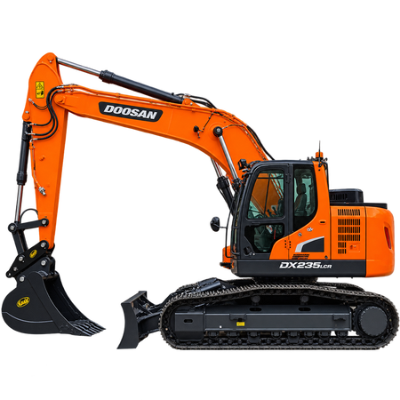 Orange Doosan DX235LCR-5 excavator with black tracks, enclosed cab, black bucket, and blade on a transparent background.