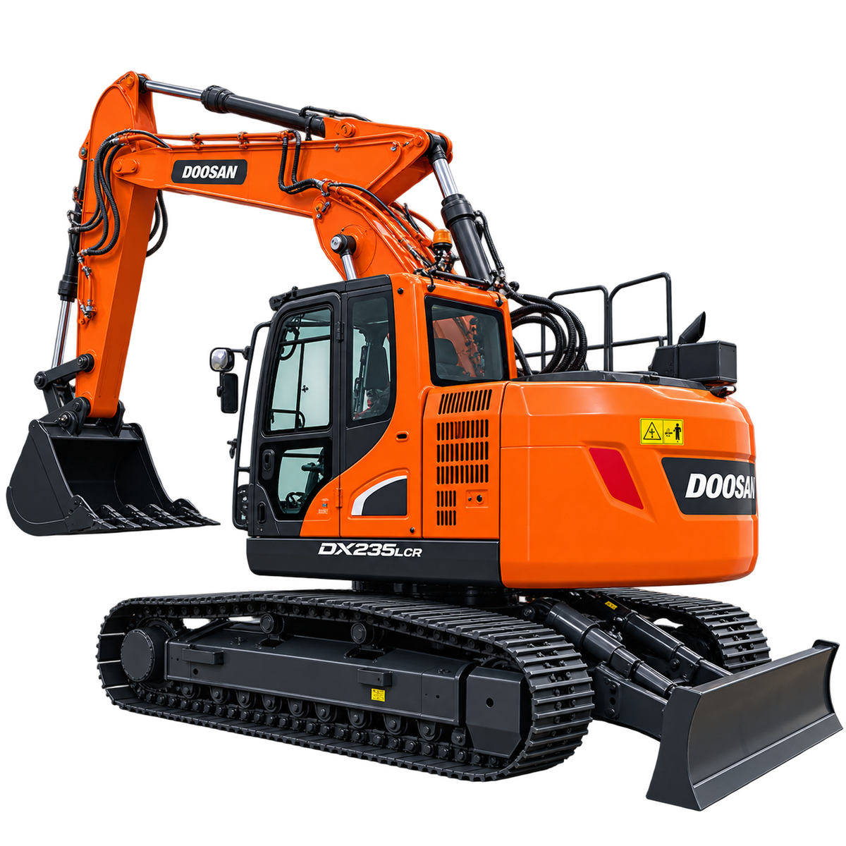 Orange Doosan DX235LCR excavator with black tracks, enclosed cab, black bucket, and blade on a transparent background.