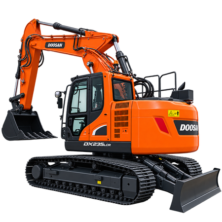 Orange Doosan DX235LCR excavator with black tracks, enclosed cab, black bucket, and blade on a transparent background.