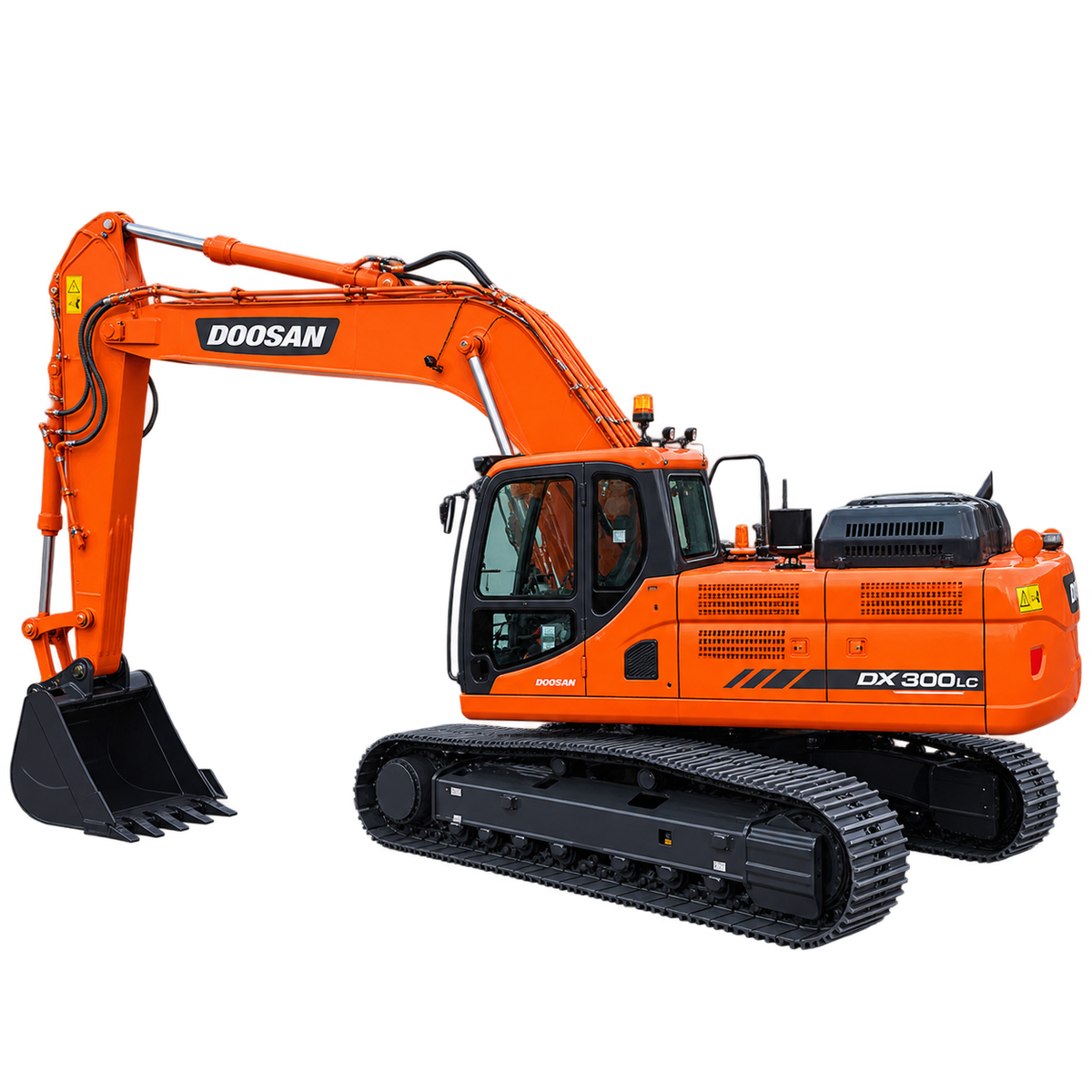 Orange Doosan DX300LC-3 excavator with black steel tracks, black digging bucket, enclosed cab with tinted windows, hydraulic boom, and dark gray undercarriage on a transparent background.