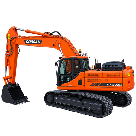 Orange Doosan DX300LC-3 excavator with black steel tracks, black digging bucket, enclosed cab with tinted windows, hydraulic boom, and dark gray undercarriage on a transparent background.