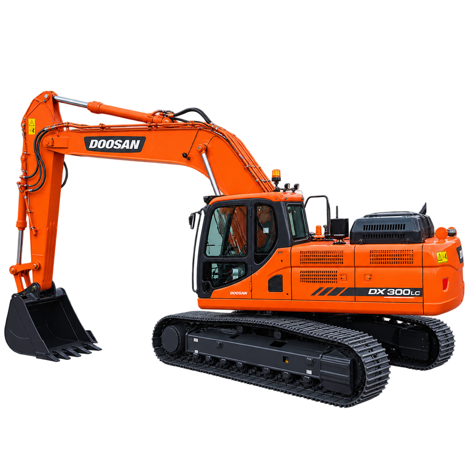 Orange Doosan DX300LC-3 excavator with black steel tracks, black digging bucket, enclosed cab with tinted windows, hydraulic boom, and dark gray undercarriage on a transparent background.