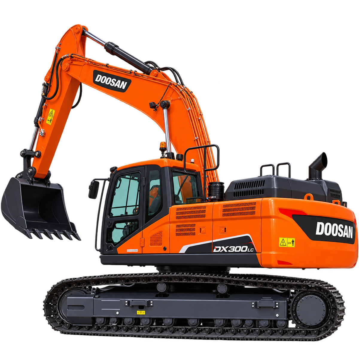 Orange Doosan DX300LC-5 excavator with black tracks, enclosed cab, orange boom and arm, and black bucket on a transparent background.