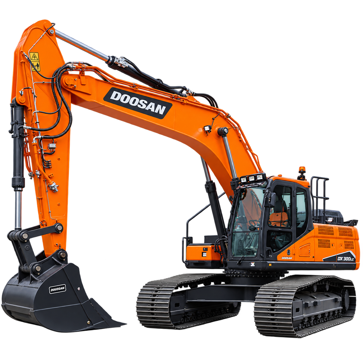 Orange Doosan DX300LC-7 excavator with black steel tracks, black digging bucket, enclosed cab with tinted windows, hydraulic boom on a transparent background.