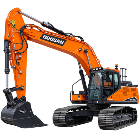 Orange Doosan DX300LC-7 excavator with black steel tracks, black digging bucket, enclosed cab with tinted windows, hydraulic boom on a transparent background.