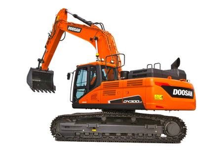 Orange Doosan DX300LC hydraulic excavator with black bucket, cab, and tracks on a white background