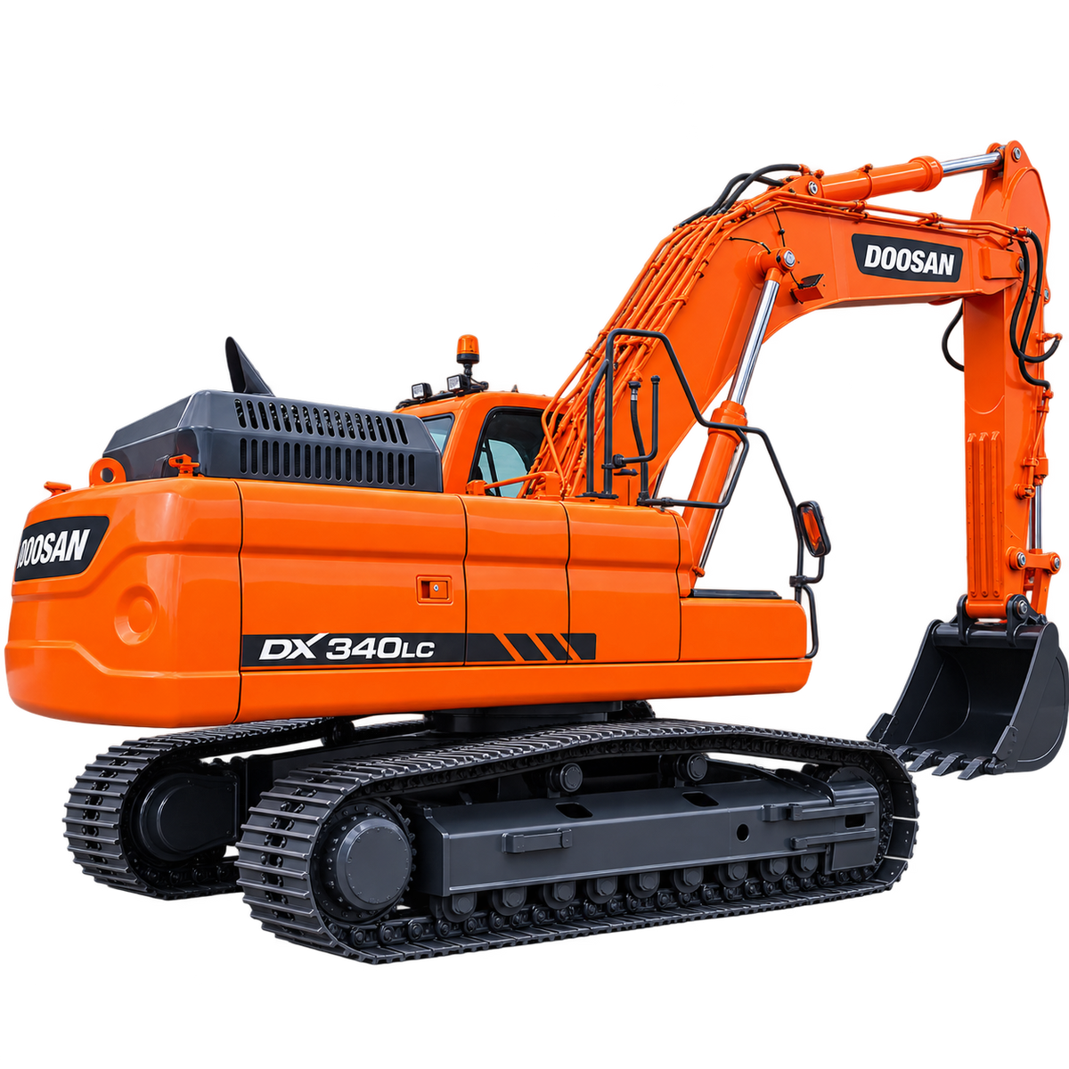 Orange Doosan DX340LC-3 excavator with black steel tracks, black digging bucket, hydraulic boom, enclosed cab with tinted windows, and dark gray undercarriage on a transparent background.