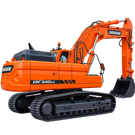 Orange Doosan DX340LC-3 excavator with black steel tracks, black digging bucket, hydraulic boom, enclosed cab with tinted windows, and dark gray undercarriage on a transparent background.