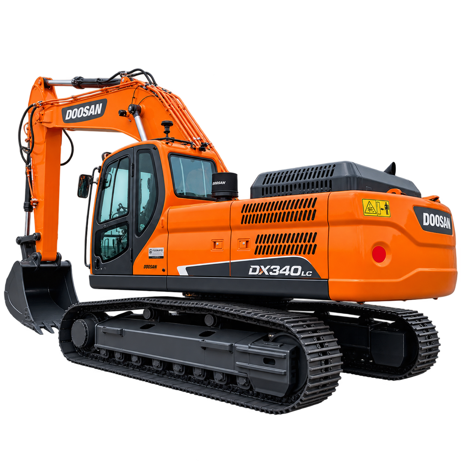 Orange Doosan DX340LC crawler excavator with black steel tracks, enclosed cab, long hydraulic boom, and black digging bucket on a transparent background.