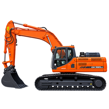 Orange Doosan DX380LC-3 excavator with black steel tracks, black digging bucket, enclosed cab with tinted windows, hydraulic boom, and dark gray undercarriage on a transparent background.